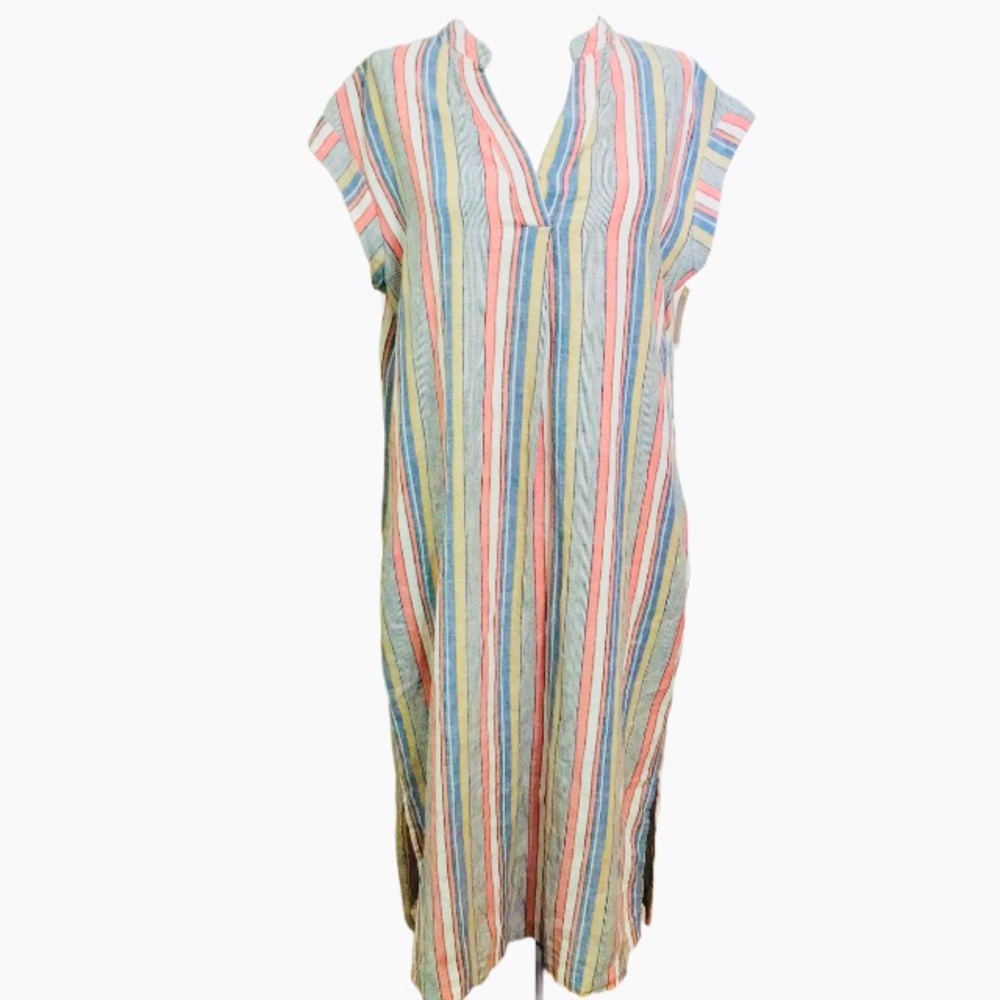 Jones New York Linen Blend Caftán Dress Stripes W/pockets Size 8